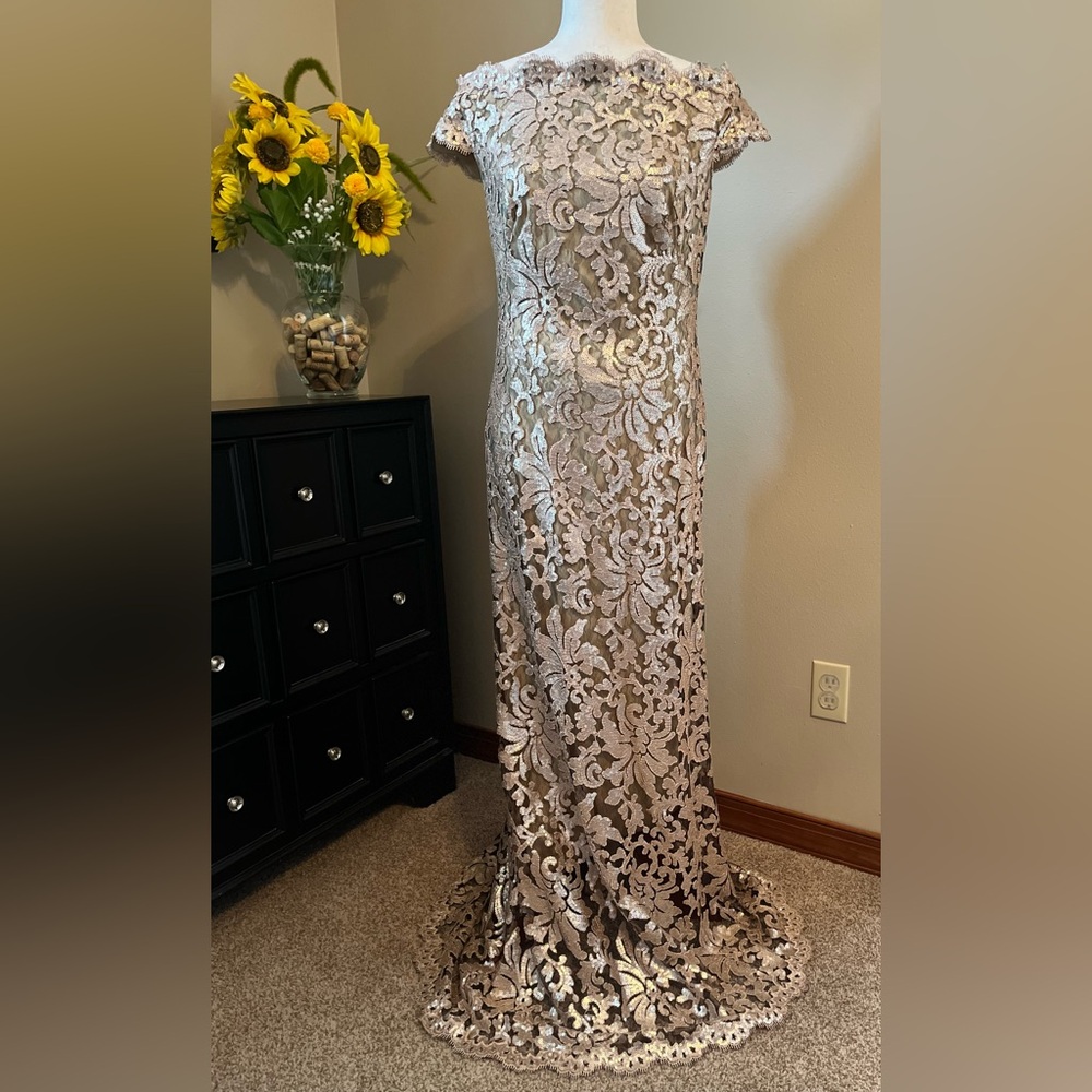 Tadashi Shoji Shimmering Sequin Off the Shoulder Gown